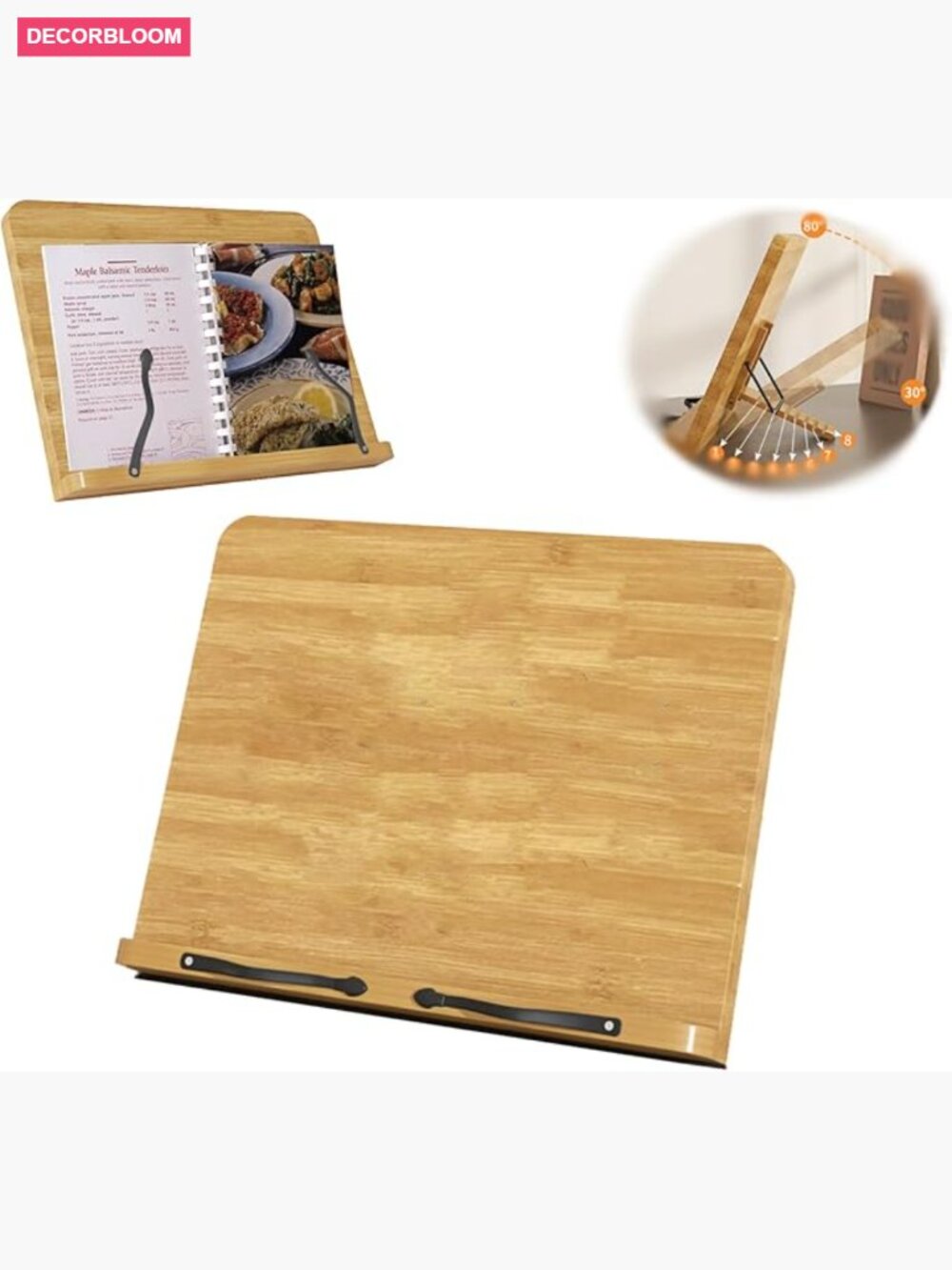 Adjustable Wood Cookbook Stand with Page Clips, 11x7.9 inch